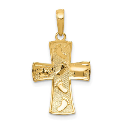 14k Yellow & Rhodium Gold w/Rhodium Footprints Cross Pendant
