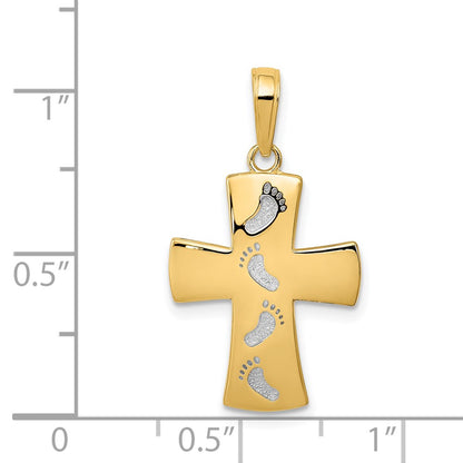 14k Yellow & Rhodium Gold w/Rhodium Footprints Cross Pendant