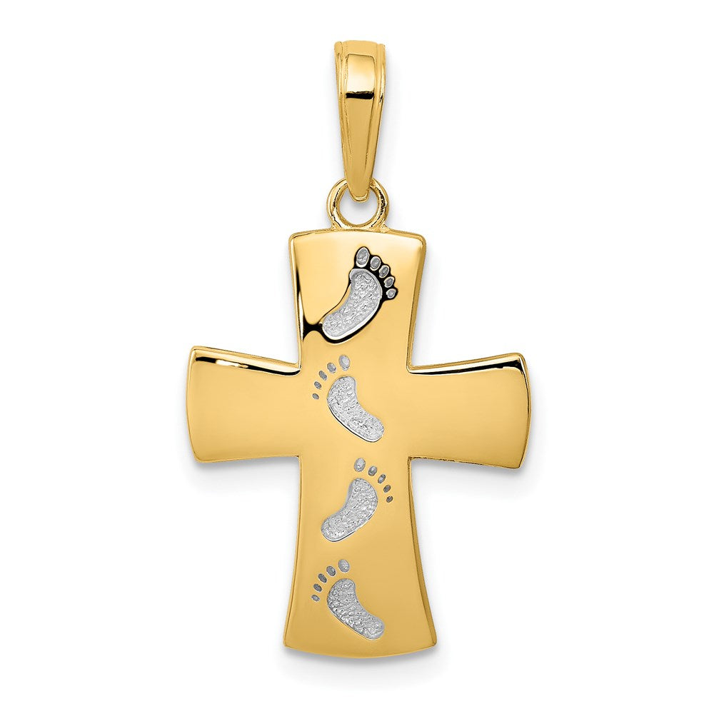 14k Yellow & Rhodium Gold w/Rhodium Footprints Cross Pendant