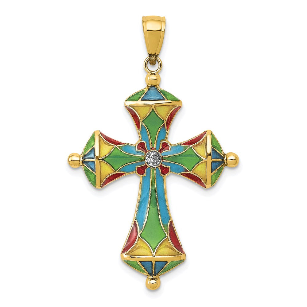 14k Yellow Gold Multi Color Enamel Cross Pendant
