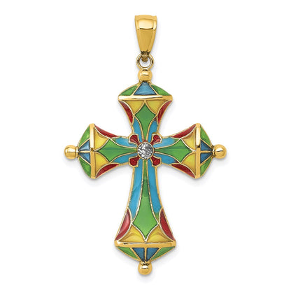 14k Yellow Gold Multi Color Enamel Cross Pendant