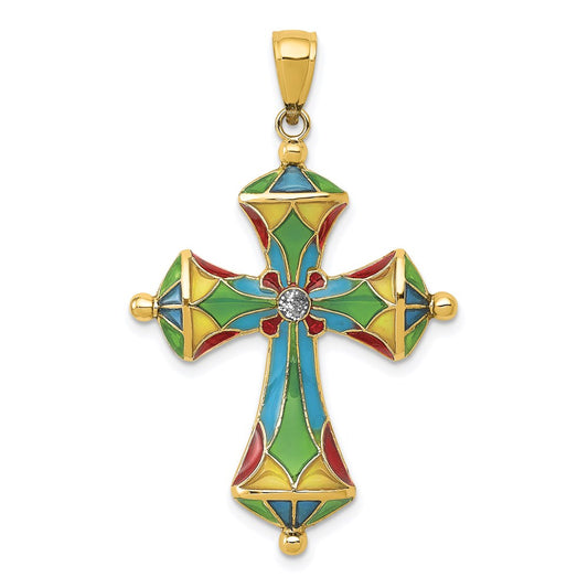 14k Yellow Gold Multi Color Enamel Cross Pendant
