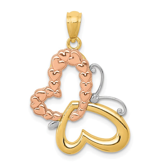 14k Two-tone Gold Gold w/White Rhodium Butterfly w/Hearts Pendant