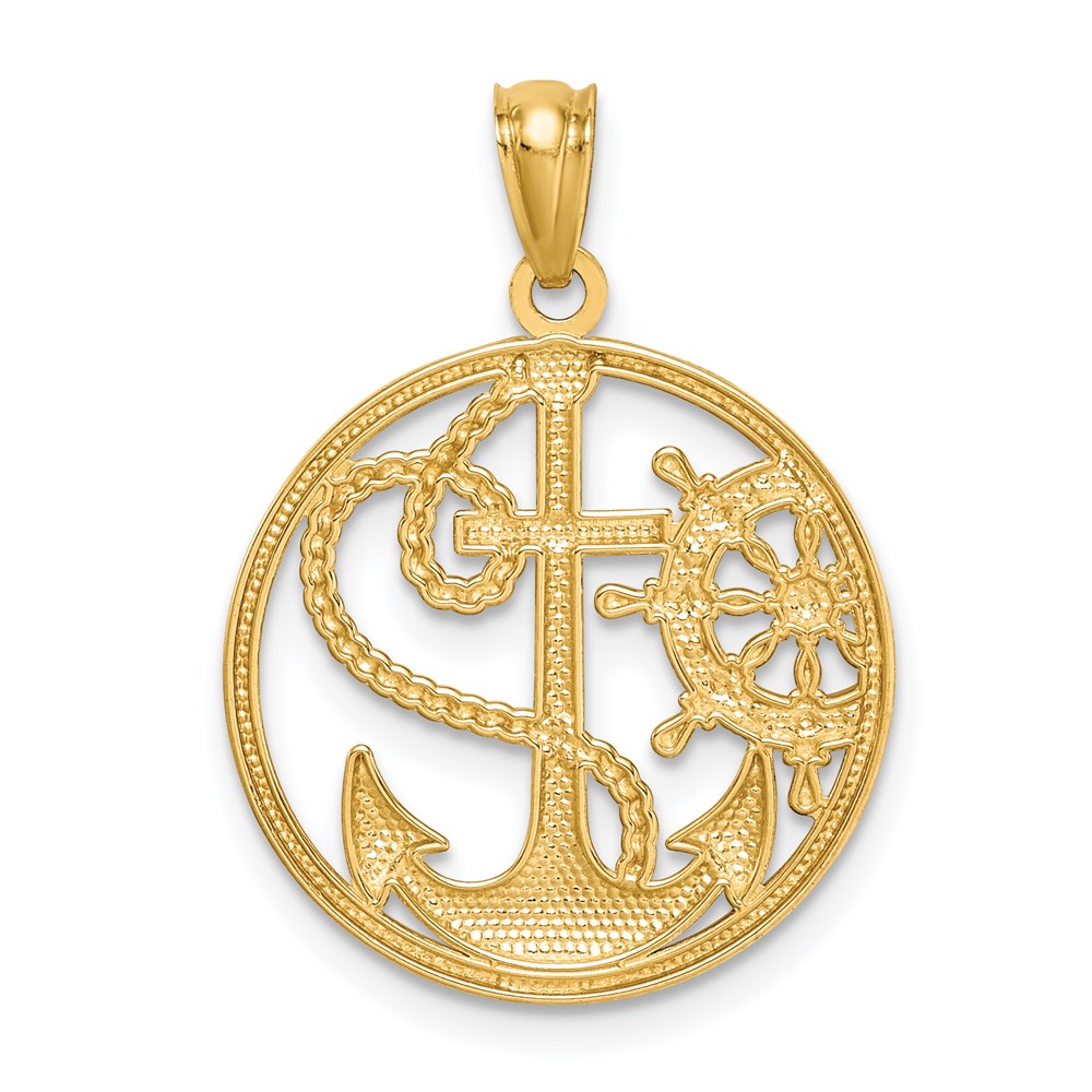 14k Yellow & Rhodium Gold W/ Rhodium Cross Anchor Captain Wheel Pendant