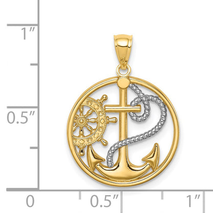 14k Yellow & Rhodium Gold W/ Rhodium Cross Anchor Captain Wheel Pendant
