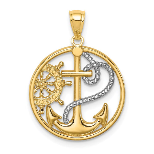 14k Yellow & Rhodium Gold W/ Rhodium Cross Anchor Captain Wheel Pendant