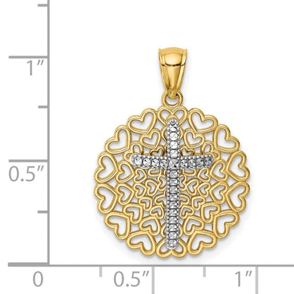 14k Yellow & Rhodium Gold w/Rhodium D/C  Cross on Heart Background Pendant