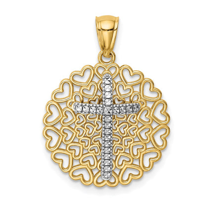 14k Yellow & Rhodium Gold w/Rhodium D/C  Cross on Heart Background Pendant
