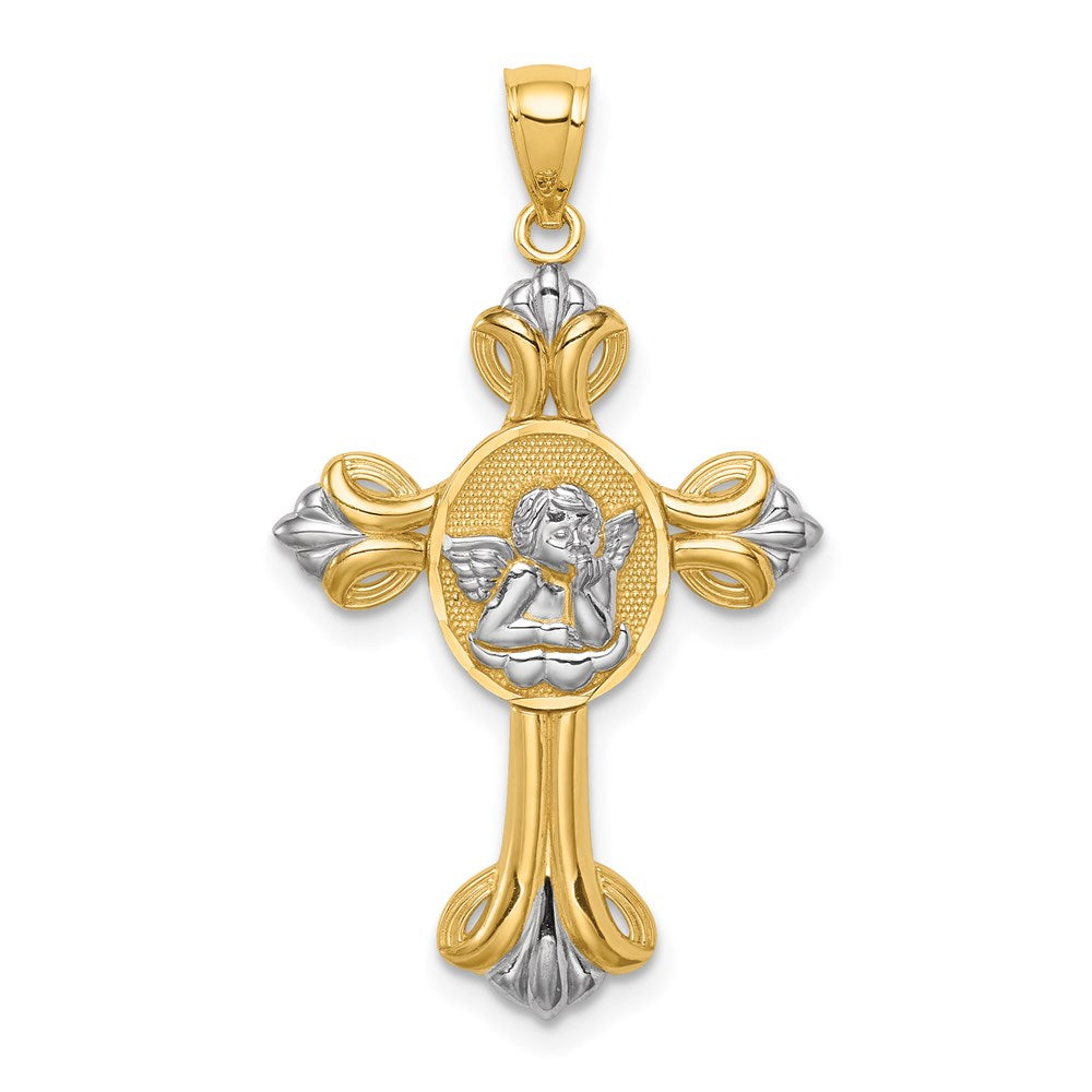14k Yellow & Rhodium Gold w/White Rhodium Cherub Cross Pendant