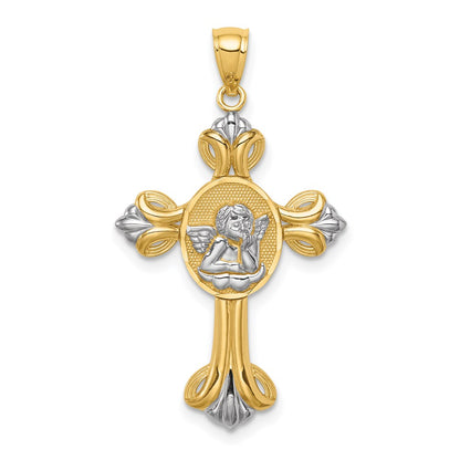 14k Yellow & Rhodium Gold w/White Rhodium Cherub Cross Pendant
