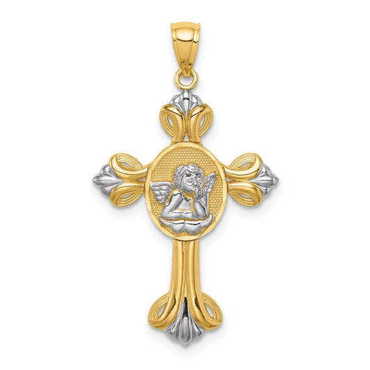 14k Yellow & Rhodium Gold w/White Rhodium Cherub Cross Pendant
