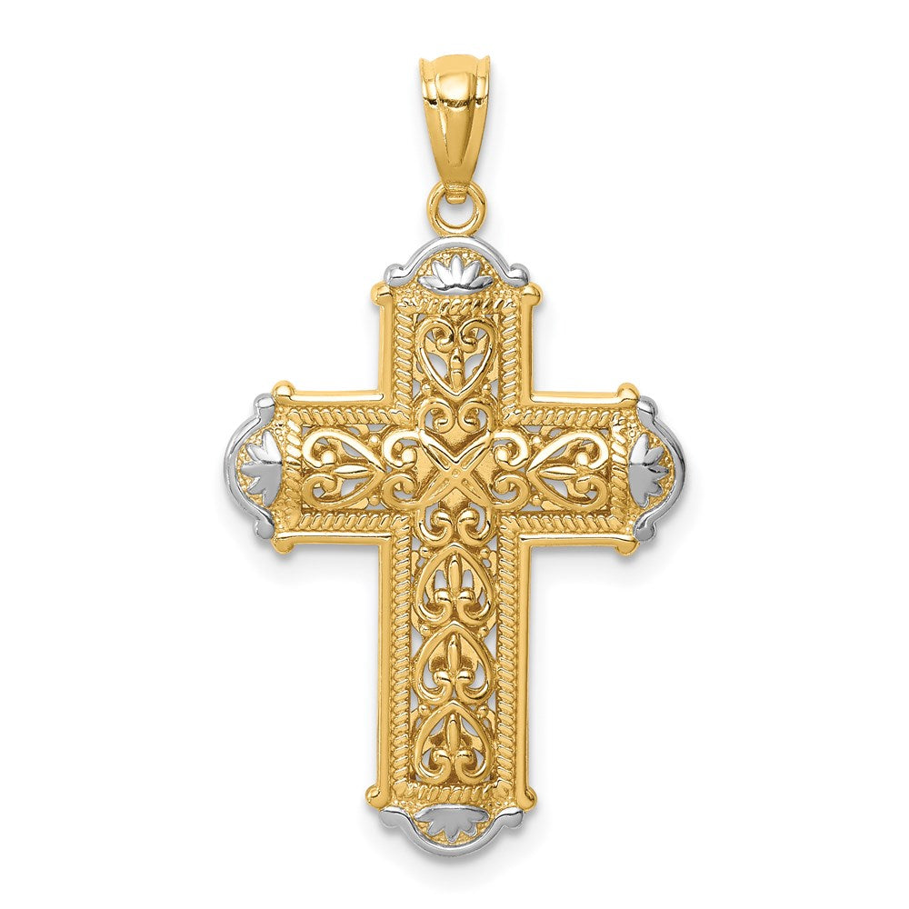 14k Yellow & Rhodium Gold White Rhodium D/C Reversible Cross Pendant