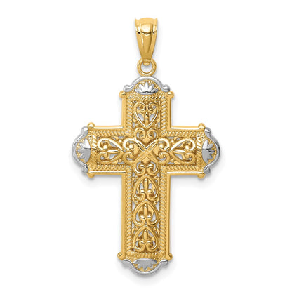 14k Yellow & Rhodium Gold White Rhodium D/C Reversible Cross Pendant