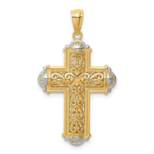 14k Yellow & Rhodium Gold White Rhodium D/C Reversible Cross Pendant