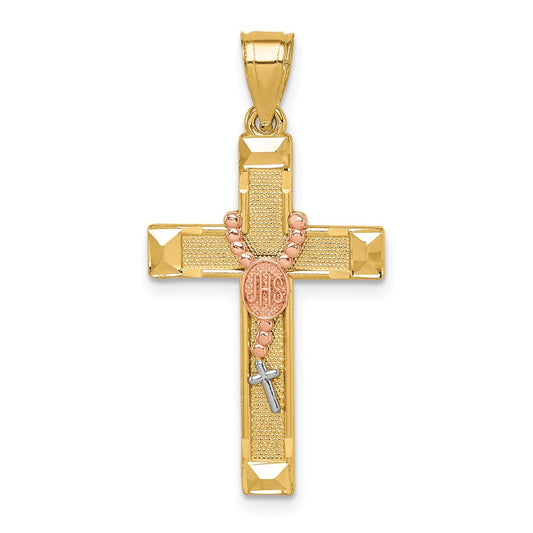 14k Two-tone Gold White Rhodium Cross w/Rosary Pendant