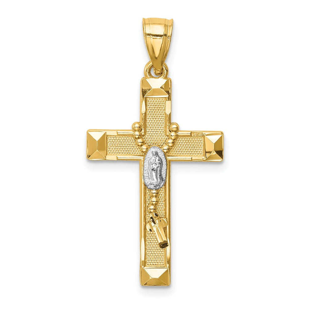 14k Yellow & Rhodium Gold w/Rhodium Cross w/Rosary Pendant