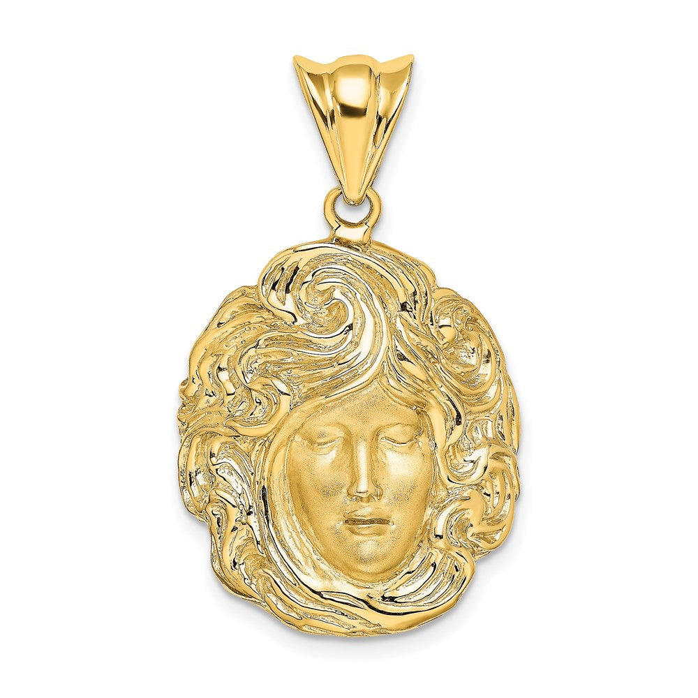 14k Yellow Gold Satin and Polished Swirling Hair Woman Face Charm