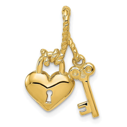 14k Yellow Gold Polished Key Tied to Heart Lock Charm