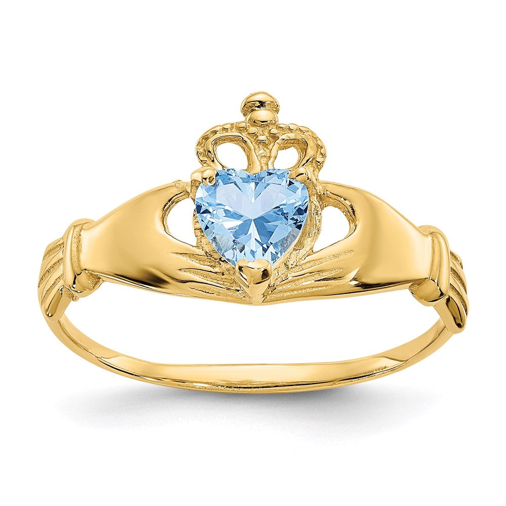 14k yellow gold cz march birthstone claddagh heart ring d1794