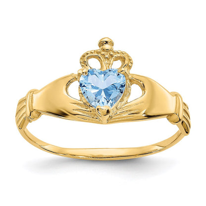 14k yellow gold cz march birthstone claddagh heart ring d1794