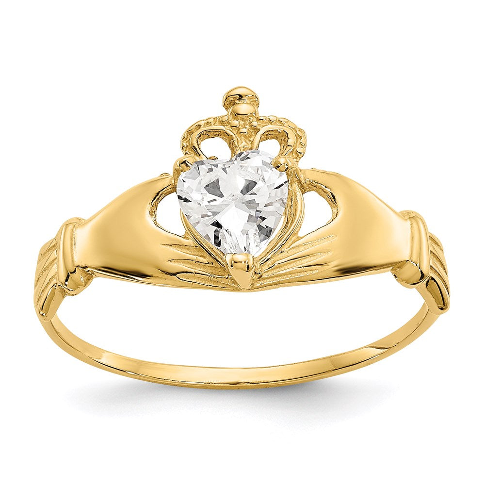 14k yellow gold cz april birthstone claddagh heart ring d1795