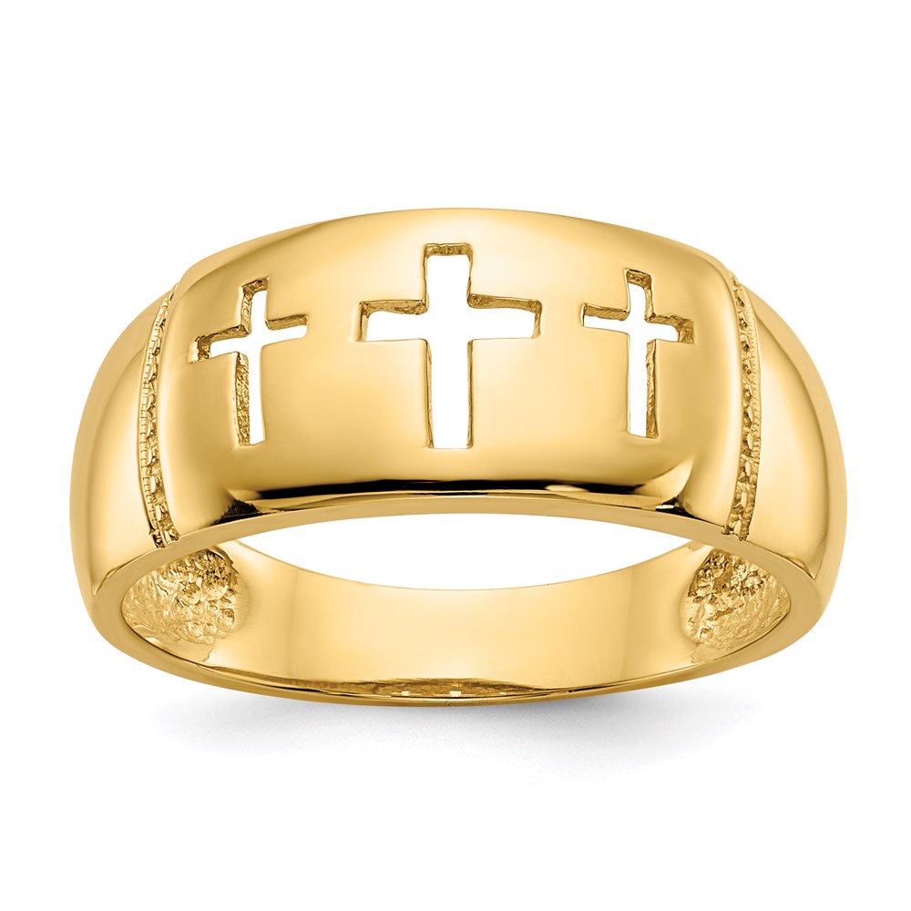 14k yellow gold polished rhodium cut out 3 cross ring d1926