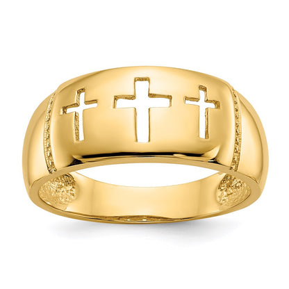 14k yellow gold polished rhodium cut out 3 cross ring d1926