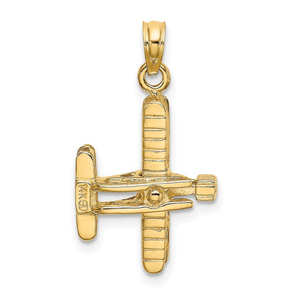 14k Yellow Gold 3-D Bi-Plane with Ribbed Wings Charm