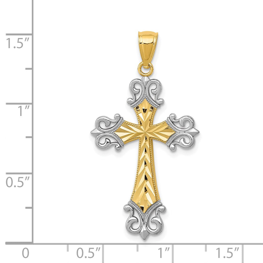 14k Yellow & Rhodium Gold w/Rhodium Diamond/cut Cross Pendant
