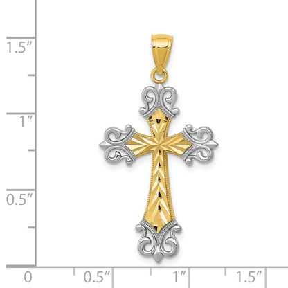 14k Yellow & Rhodium Gold w/Rhodium Diamond/cut Cross Pendant