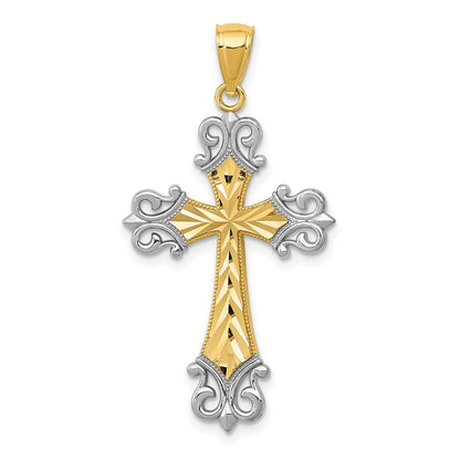 14k Yellow & Rhodium Gold w/Rhodium Diamond/cut Cross Pendant