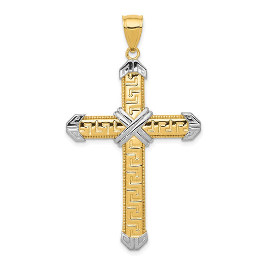 14k Yellow & Rhodium Gold And Rhodium Greek Key Cross Pendant