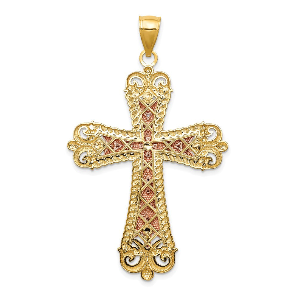 14k Tri-Color Gold W/ White Rhodium Crucifix Cross Pendant