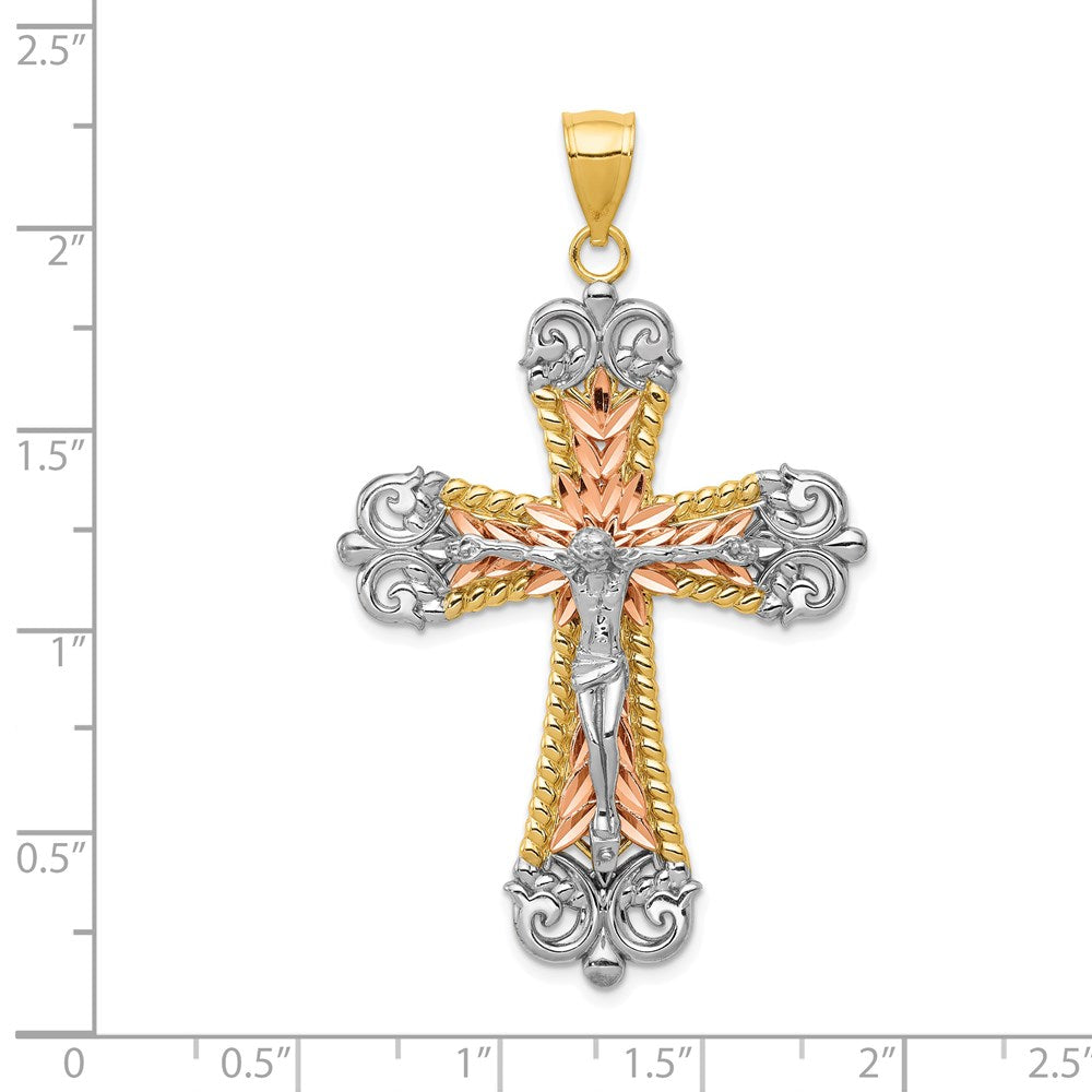 14k Tri-Color Gold W/ White Rhodium Crucifix Cross Pendant
