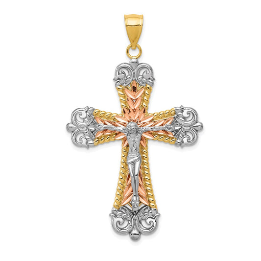 14k Tri-Color Gold W/ White Rhodium Crucifix Cross Pendant