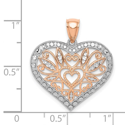 14k Rose Gold Rose w/White Rhodium Polished Fancy Heart Pendant