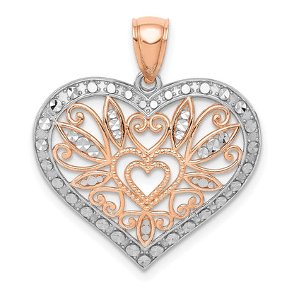 14k Rose Gold Rose w/White Rhodium Polished Fancy Heart Pendant