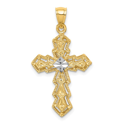 14k Yellow & Rhodium Gold and White Rhodium Polished and Diamond-cut Cross Pendant