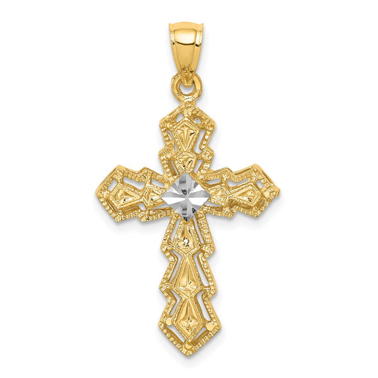 14k Yellow & Rhodium Gold and White Rhodium Polished and Diamond-cut Cross Pendant