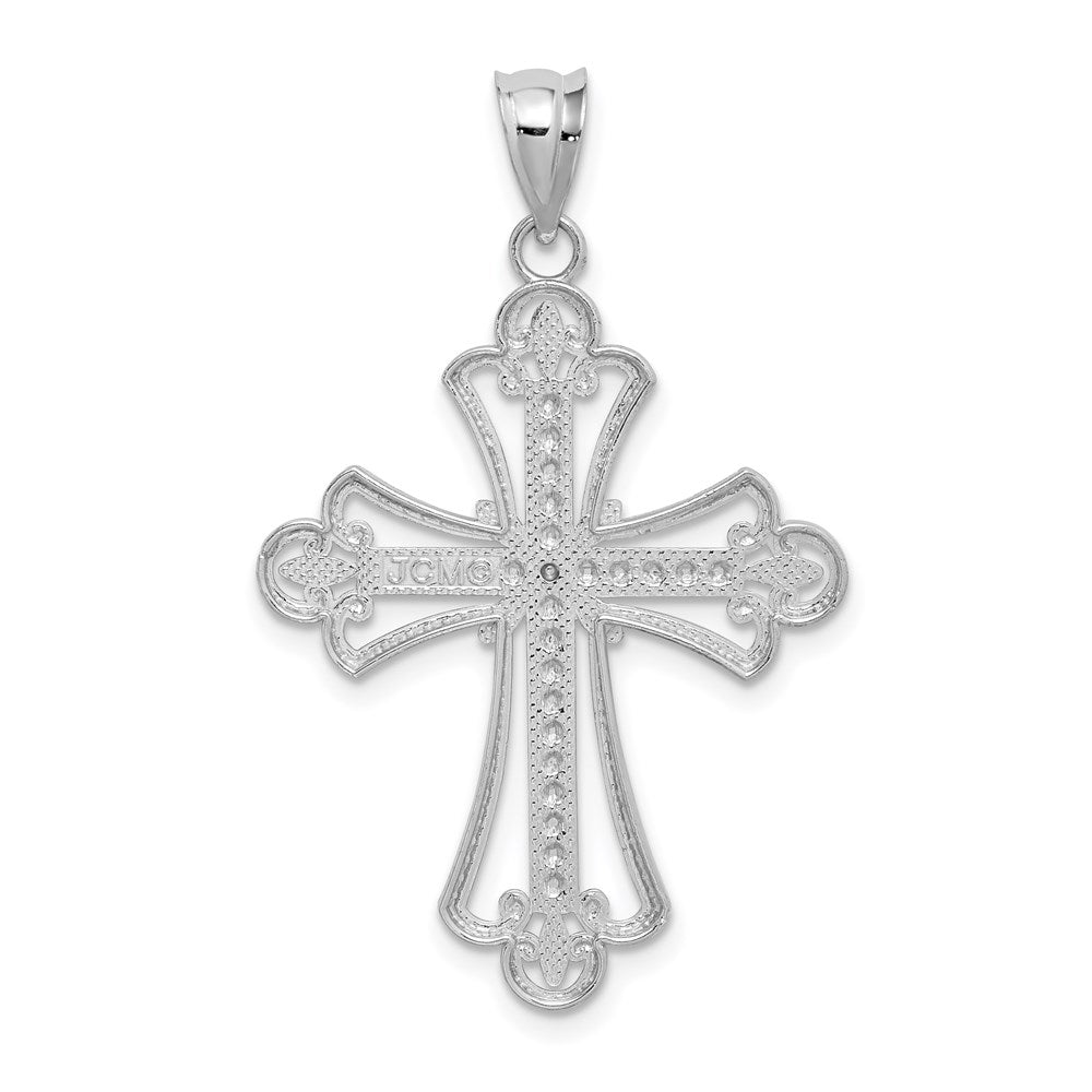 14k White Gold White Polished Diamond-cut Textured Cross Pendant