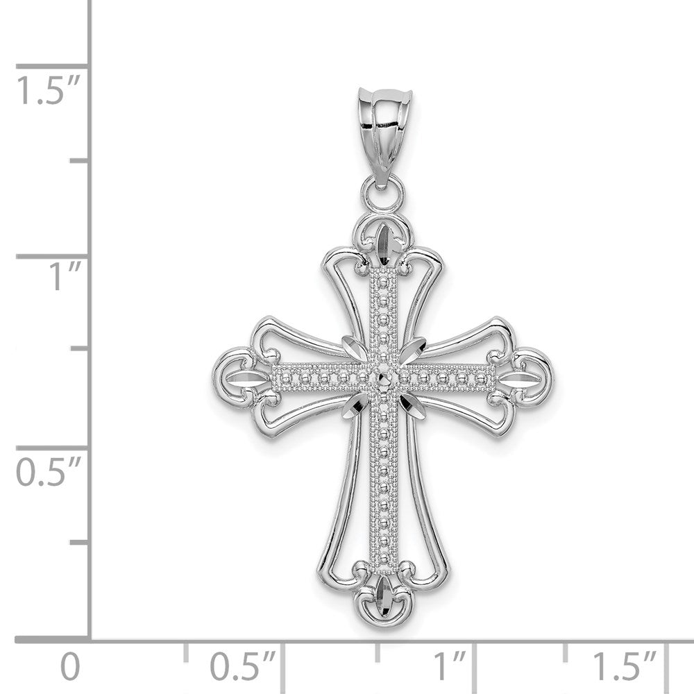 14k White Gold White Polished Diamond-cut Textured Cross Pendant
