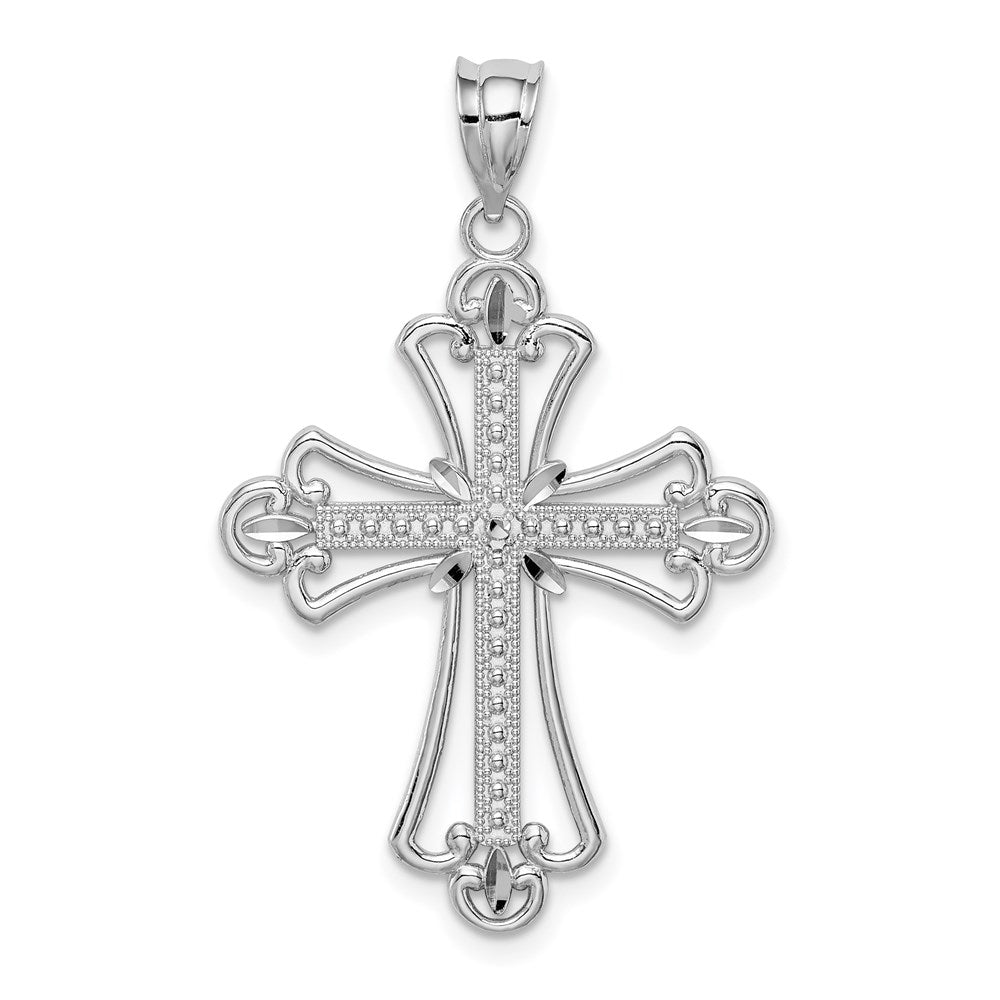 14k White Gold White Polished Diamond-cut Textured Cross Pendant