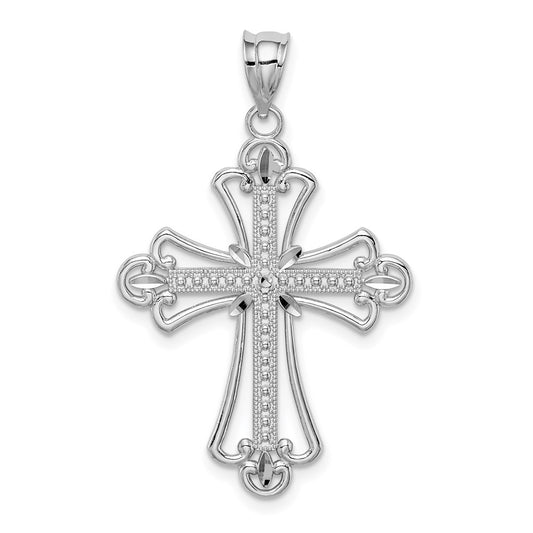 14k White Gold White Polished Diamond-cut Textured Cross Pendant