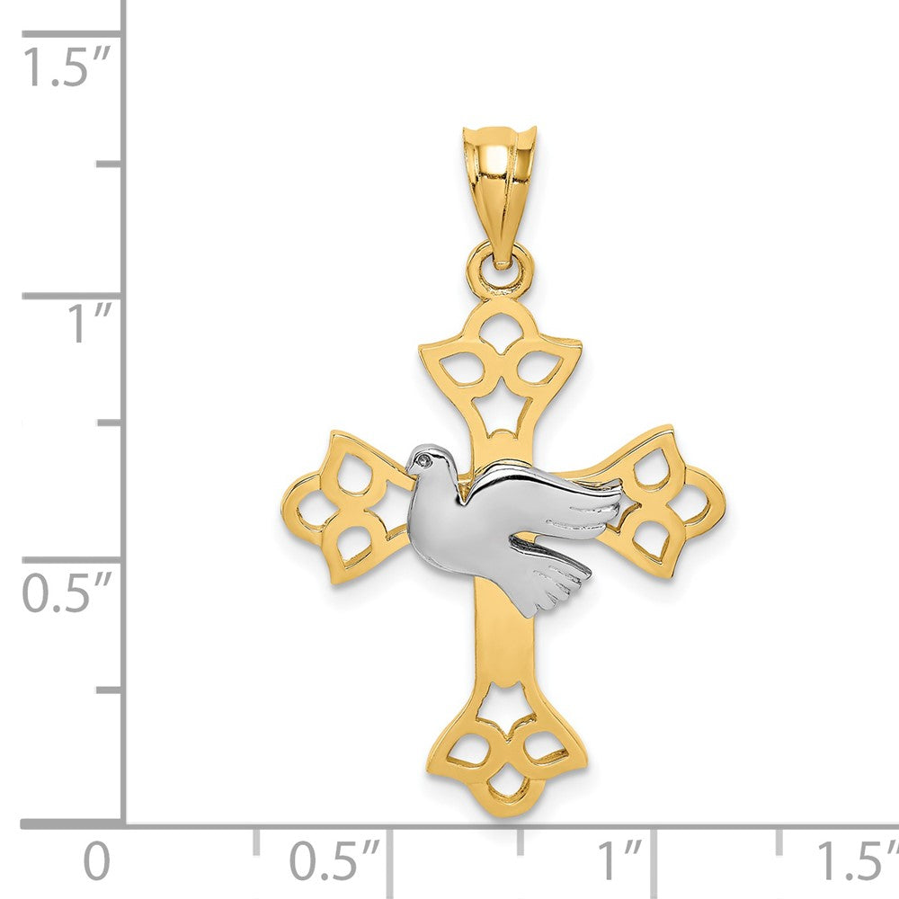 14k Two-tone Gold Polished Dove & Cross Pendant