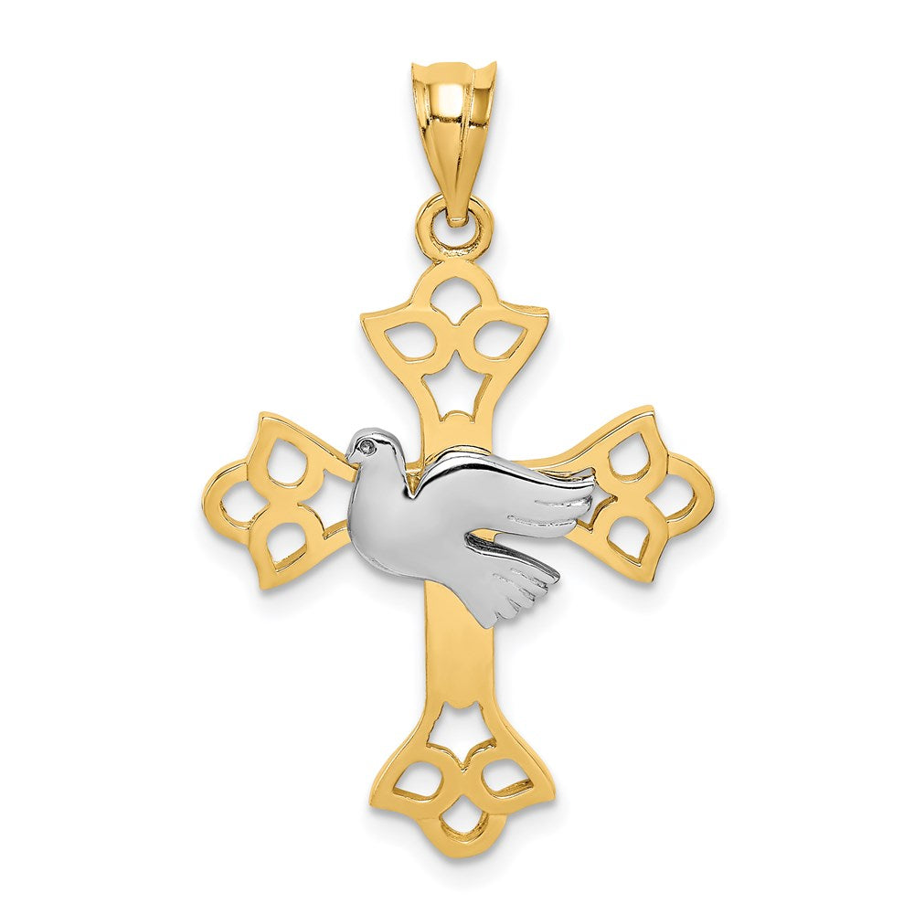 14k Two-tone Gold Polished Dove & Cross Pendant