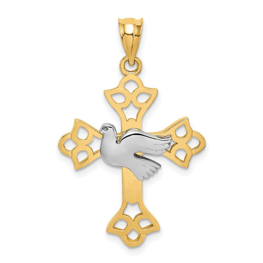 14k Two-tone Gold Polished Dove & Cross Pendant