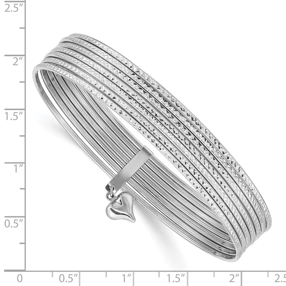 14k White Gold WG Oversized w/ Dangle Heart Textured Set of 7 Slip-on Bangles