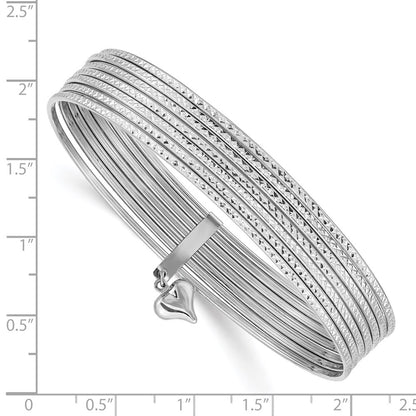 14k White Gold WG Oversized w/ Dangle Heart Textured Set of 7 Slip-on Bangles