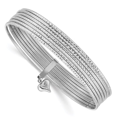 14k White Gold WG Oversized w/ Dangle Heart Textured Set of 7 Slip-on Bangles