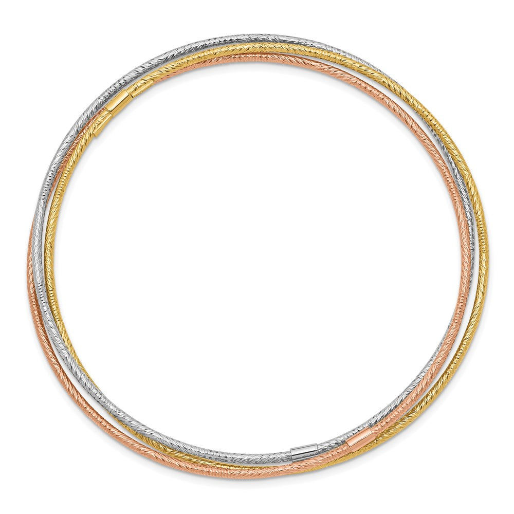 14k Tri-Color Gold Diamond-cut 3 Intertwined Slip-on Bangles